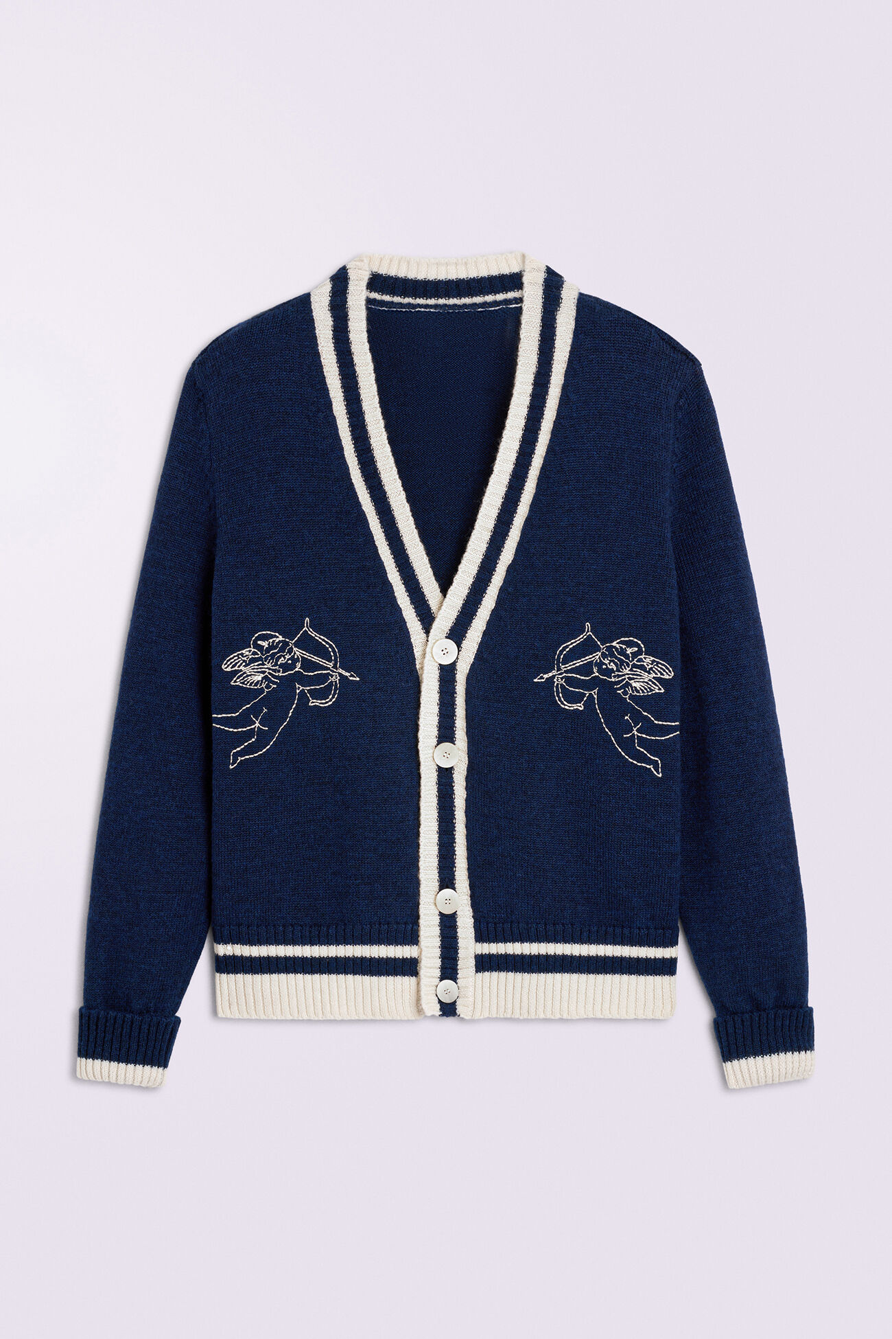 Double Cupid Embroidered Wool Cardigan Navy